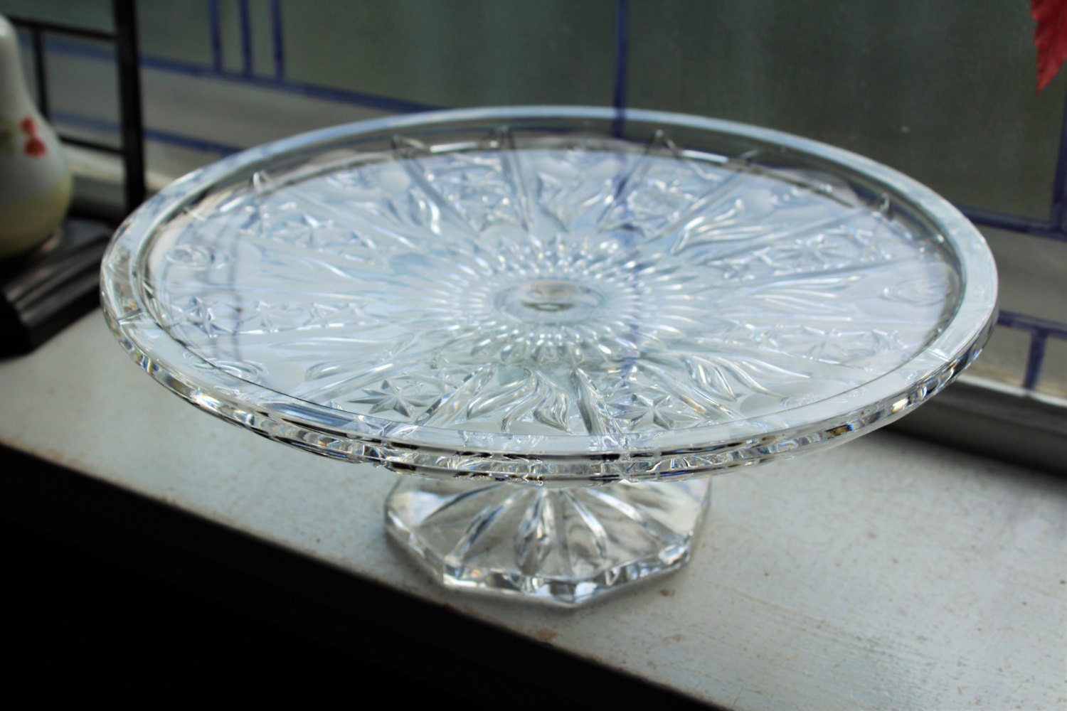 Vintage Crystal Cake Stand Pedestal Stand Frosted Rose and Star