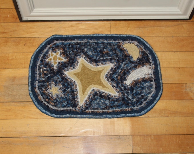 Vintage Hooked Rug Table Mat Wall Hanging Stars At Night