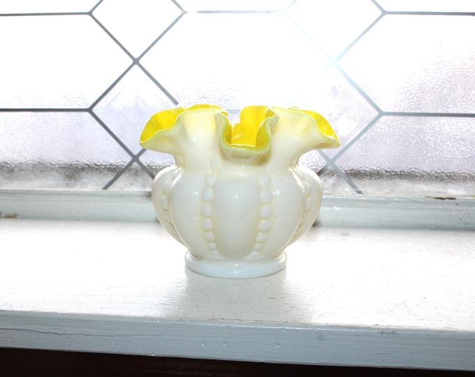 Vintage Fenton Glass Beaded Melon Rose Bowl Vase Yellow and White Overlay