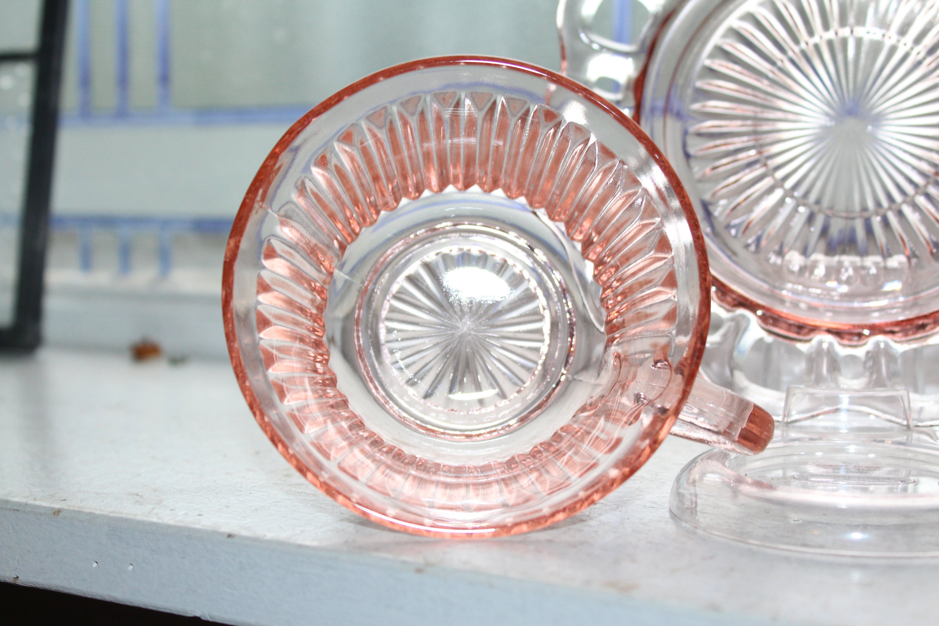 4 Pink Depression Glass Cups and Saucers Lace Edge Open Lace Vintage 1930s