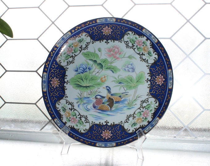Vintage Japanese Polychrome Porcelain Plate Water Lilies Birds In Pond