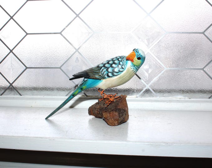 Vintage Hand Carved Wood Blue Parakeet Bird Figurine with Wire Legs on Driftwood