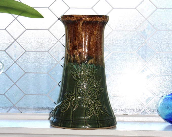 Antique Pottery Stoneware Dogwood Pedestal Green and Brown 14" RRP