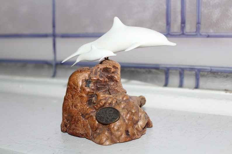 Vintage John Perry Dolphin and Calf on Burl Wood Sculpture