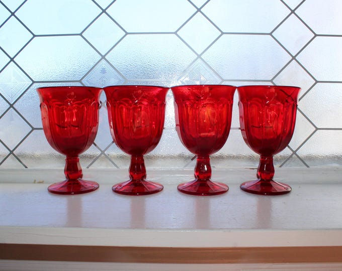 4 1970s Red Water Goblets Viking Glass Arlington Ruby