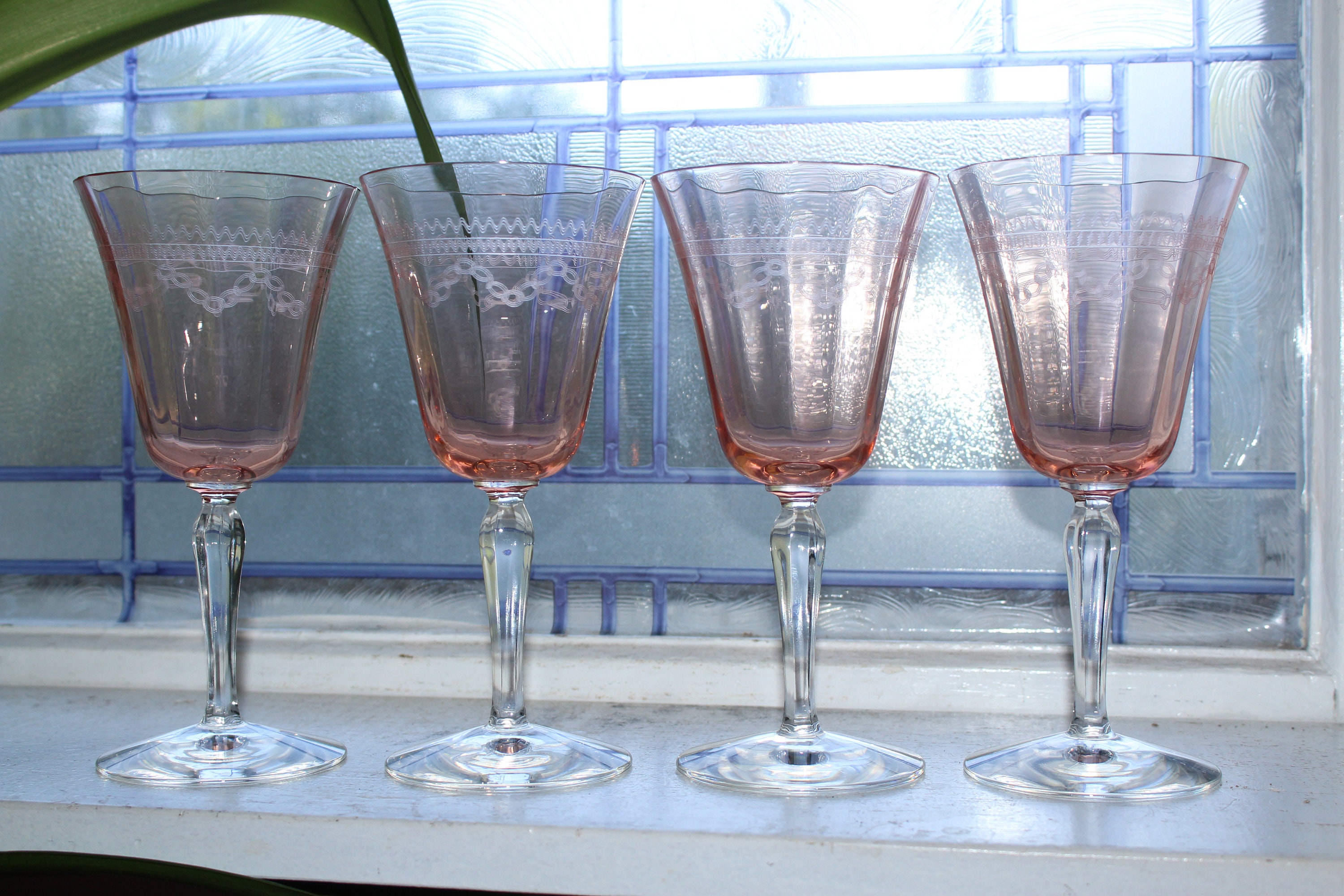 4 Fostoria Rose Pink Etched Wine Goblets Glasses Vintage Stemware