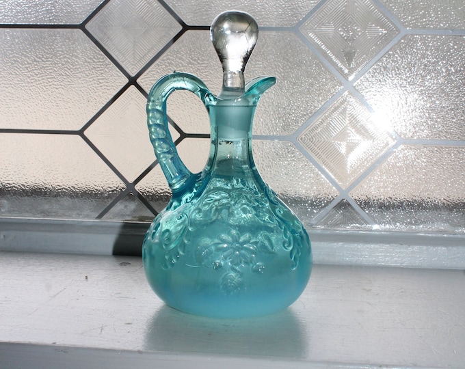 Northwood Intaglio Flower Spray Scrolls Blue Opalescent Glass Cruet