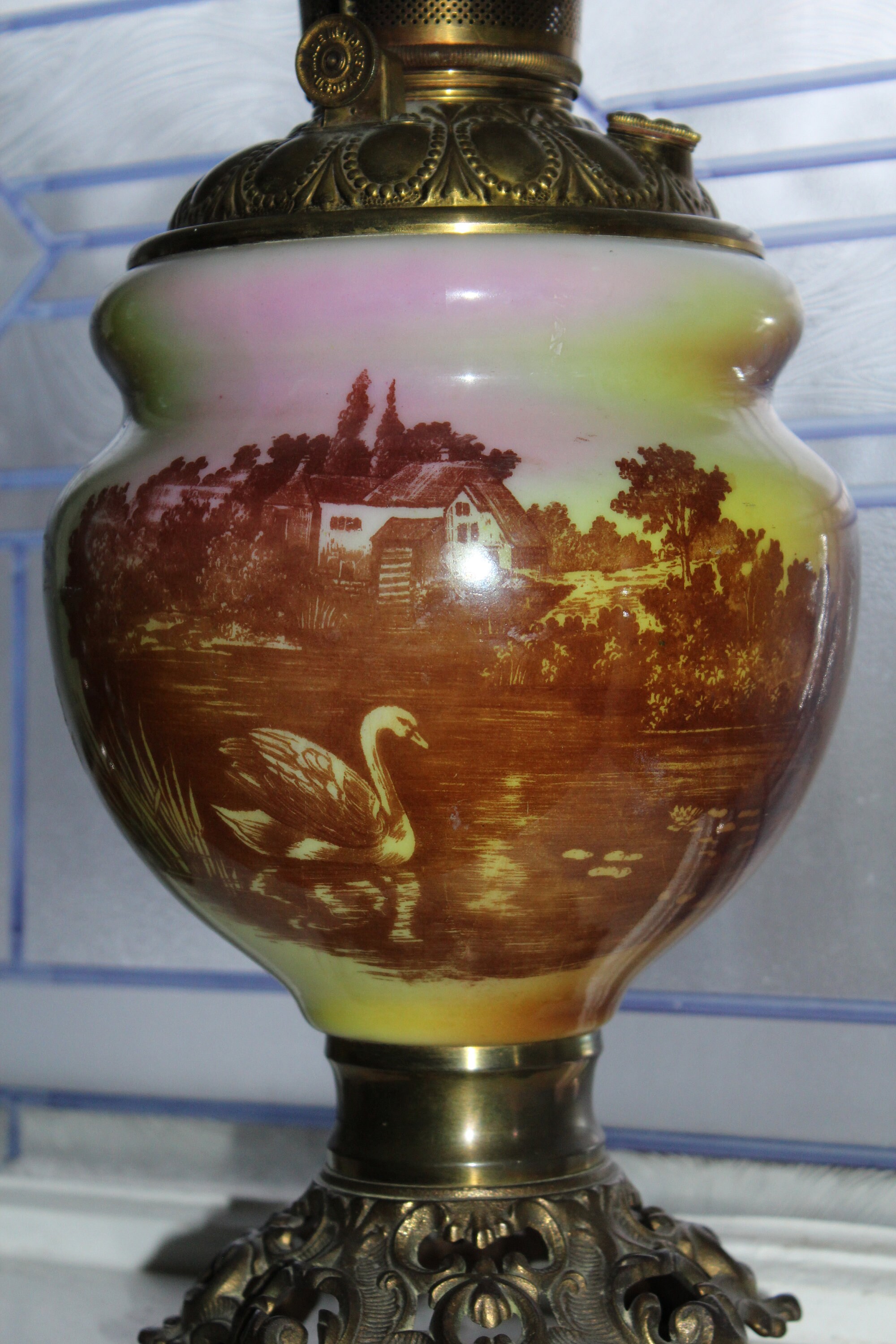 Antique Victorian Oil Lamp 1800s Glass & Brass with Country Scene