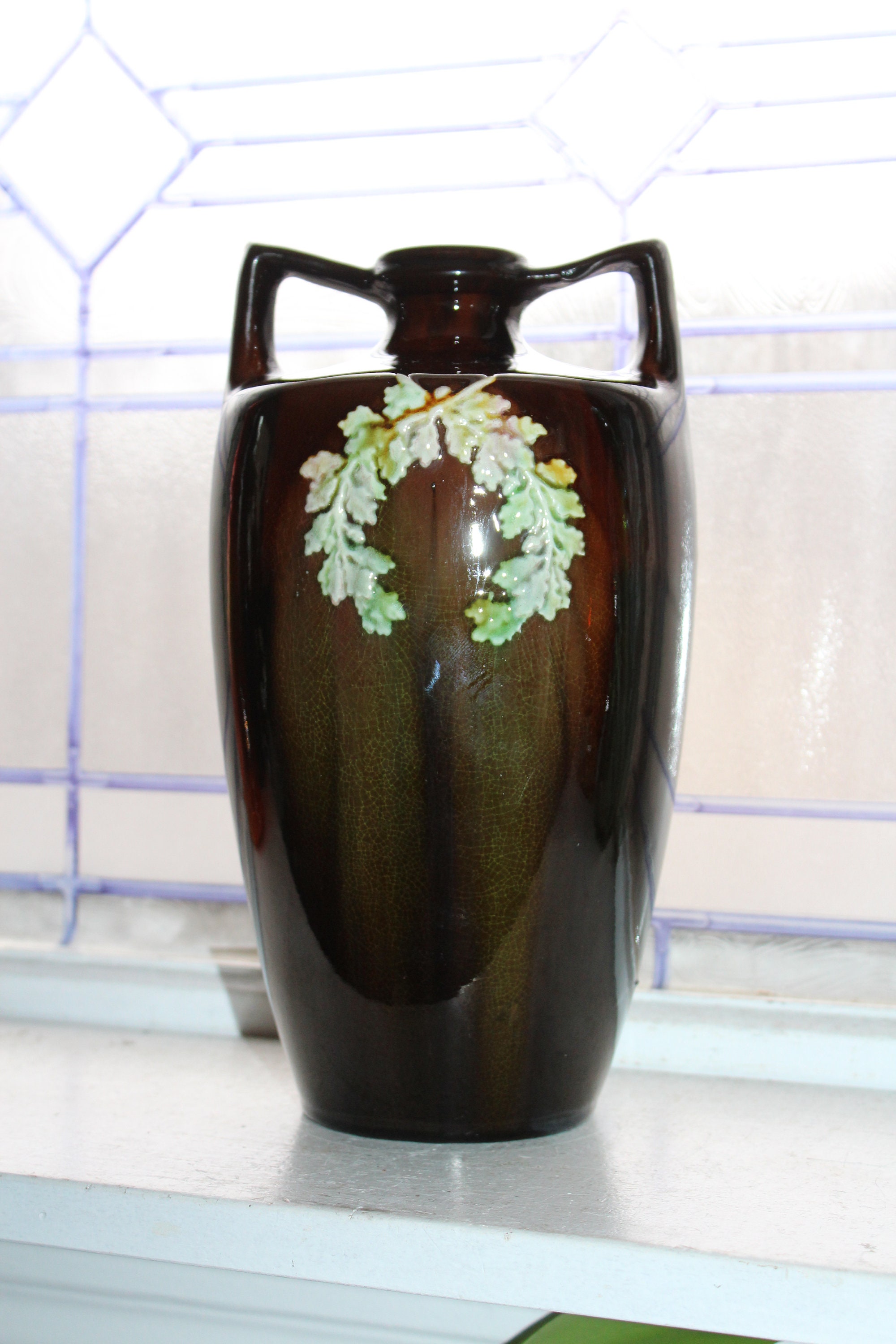 Large Peters and Reed Pottery Vase Sprigware on Brown Antique 1910s