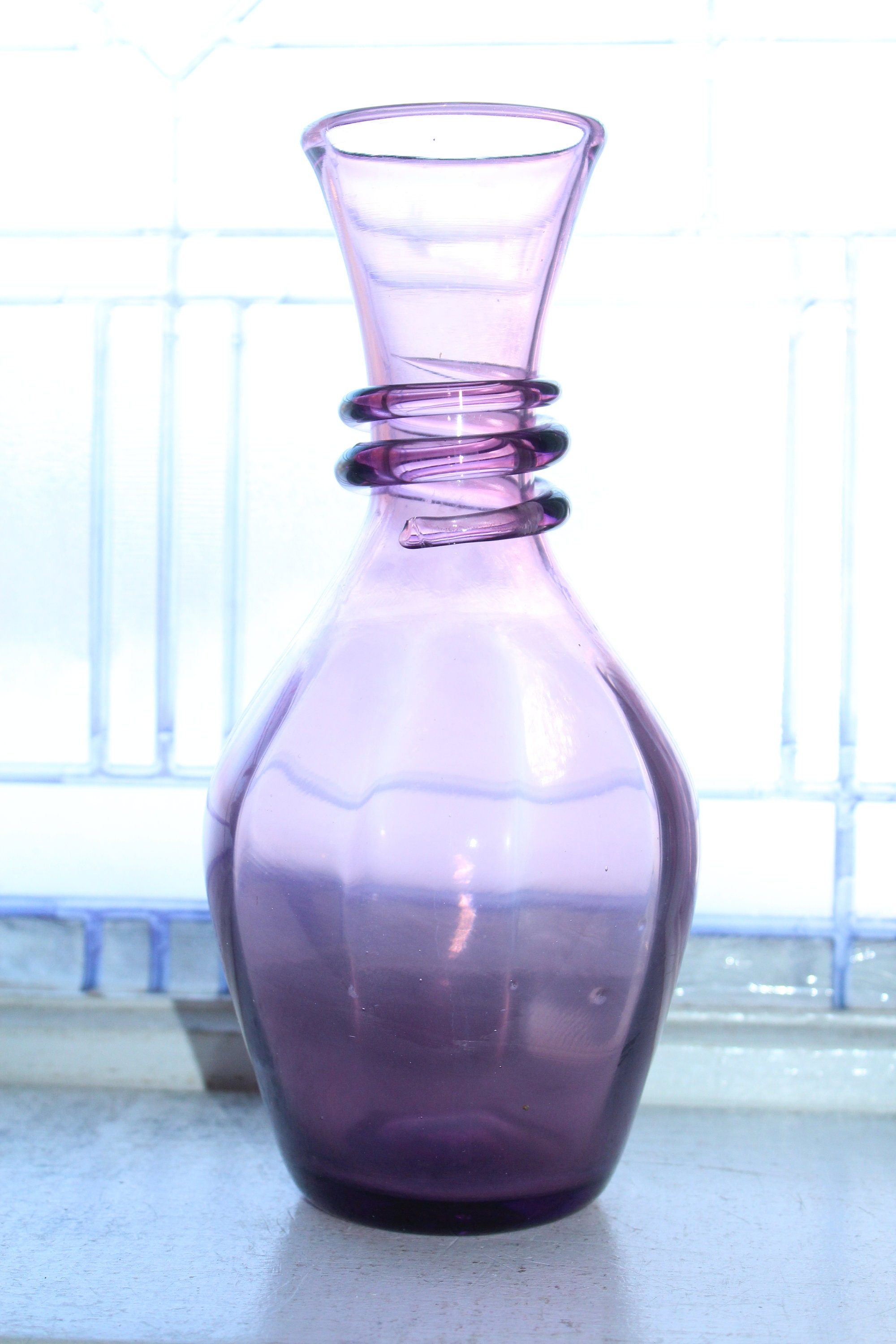 Purple Blenko Glass Vase with Applied Spiral Trim Vintage 1960s