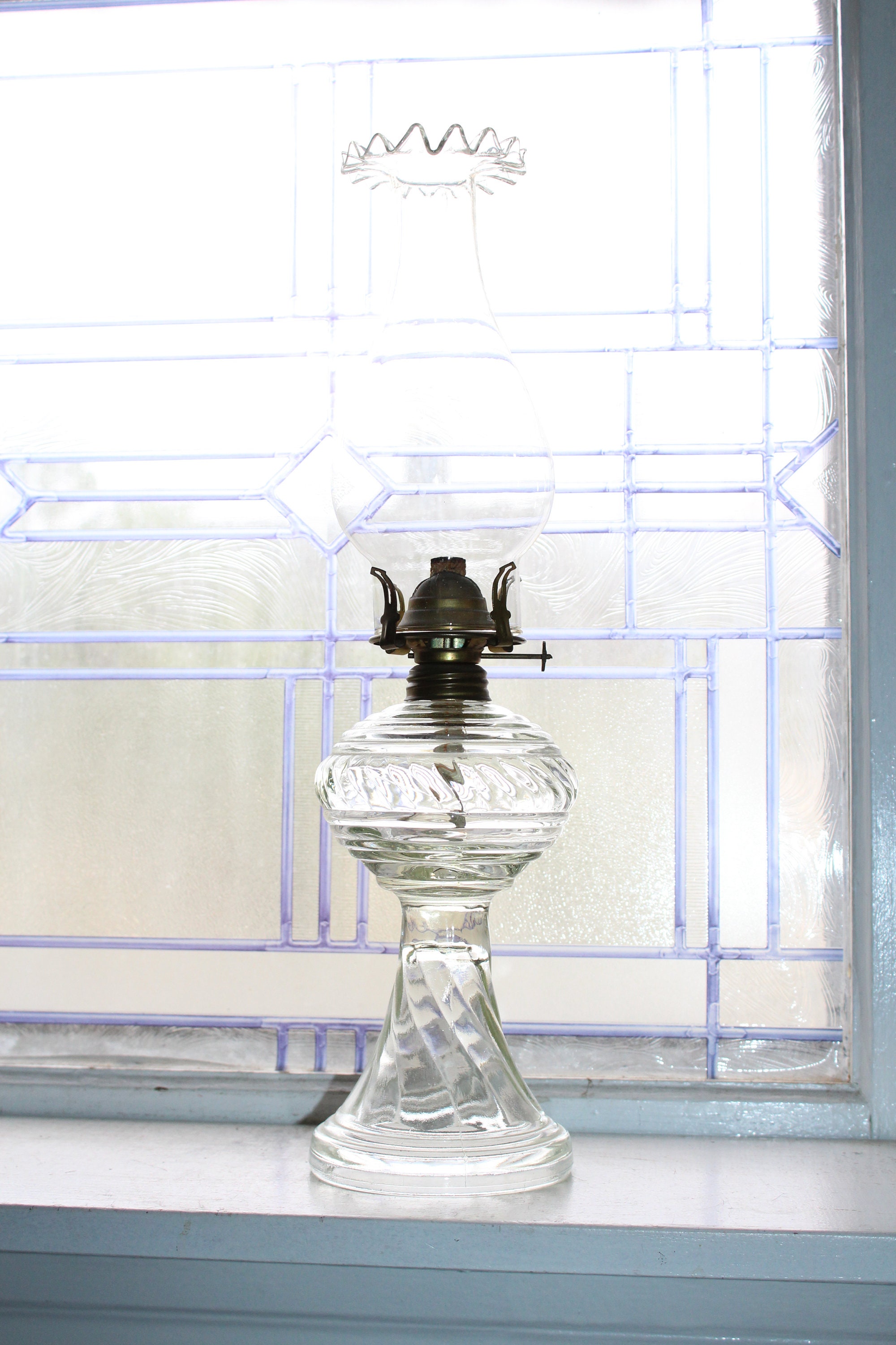 Antique Glass Oil Lamp with Ruffled Chimney