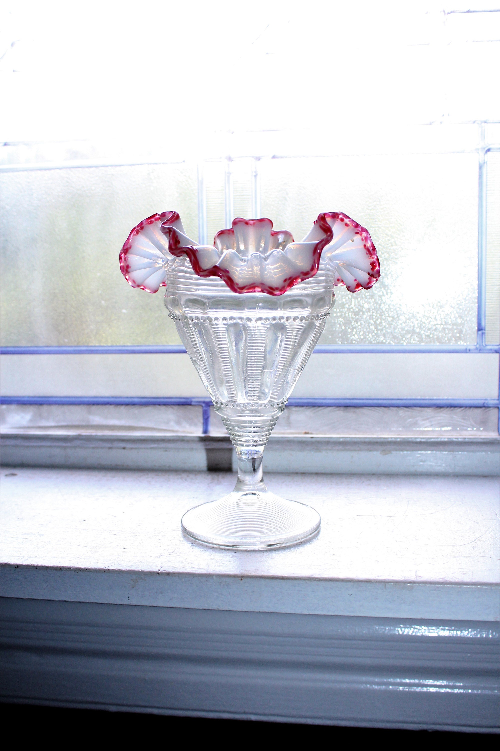 Antique Pattern Glass Vase Ruffled Rim Red Trim Opalescent EAPG