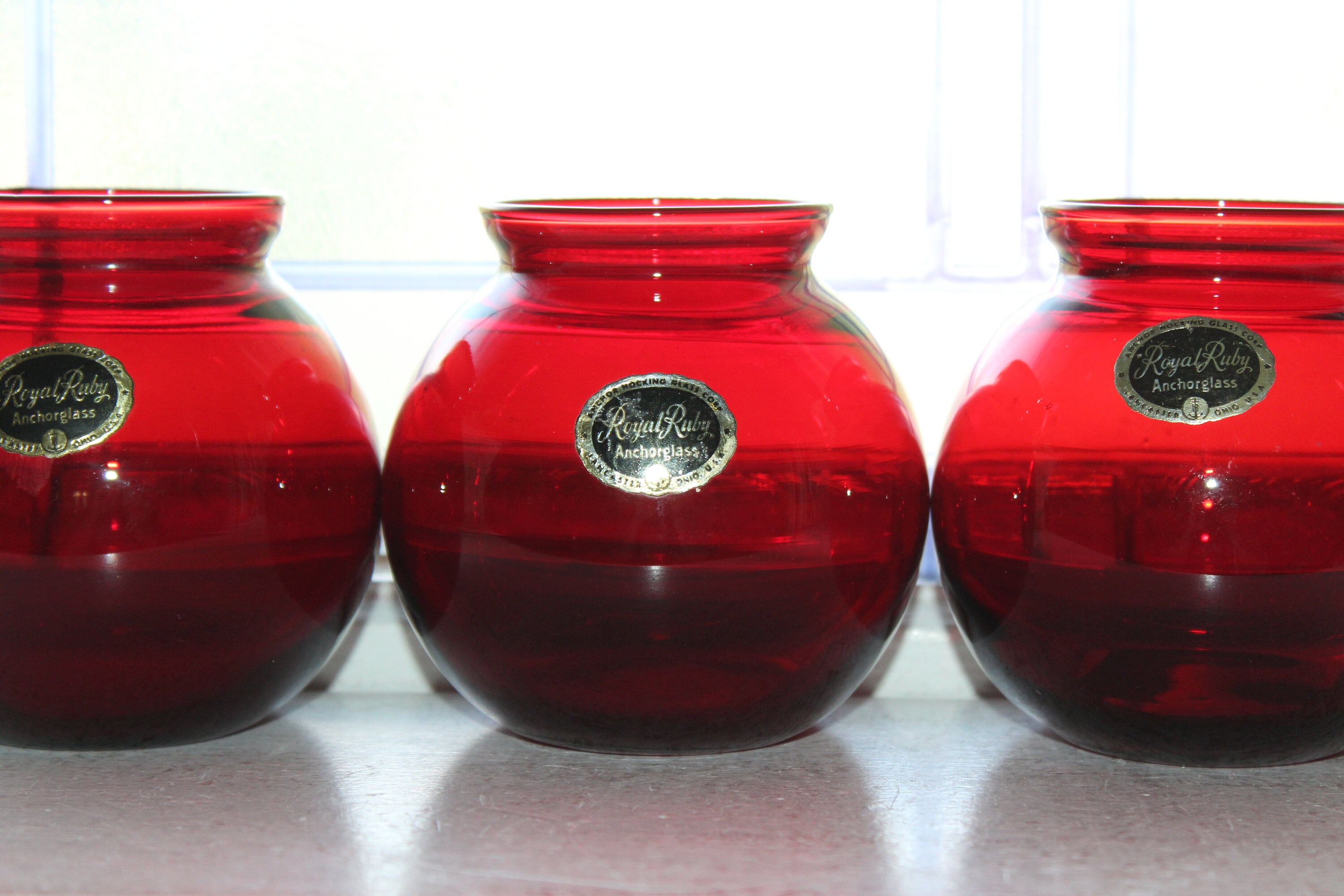 3 Royal Ruby Red Glass Ball Vases Vintage 1940s