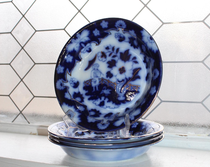 4 Antique Dark Flow Blue Flat Soup Bowls 8" Royal Staffordshire Pekin Gold Trim