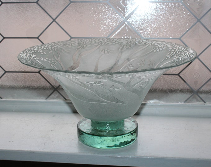 Large Vintage Art Glass Pedestal Bowl Sandblasted Tree Design