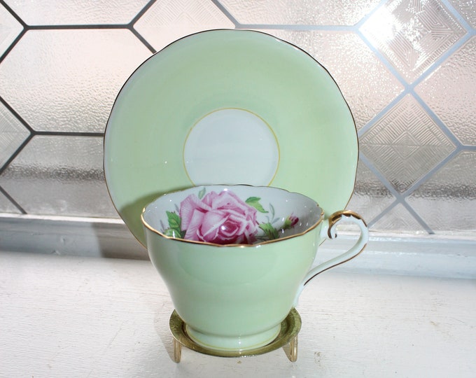 Vintage Aynsley Tea Cup & Saucer Mint Green Cabbage Rose