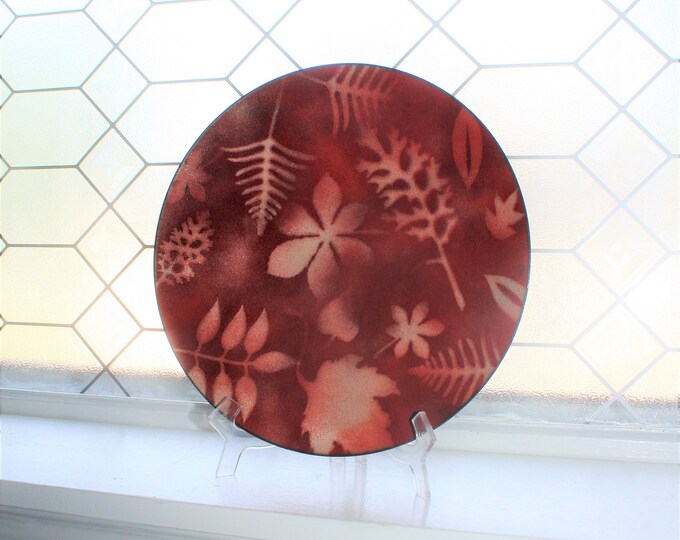 Mid Century Enamel on Copper Large Plate Red Gold Leaves Vintage 1950s