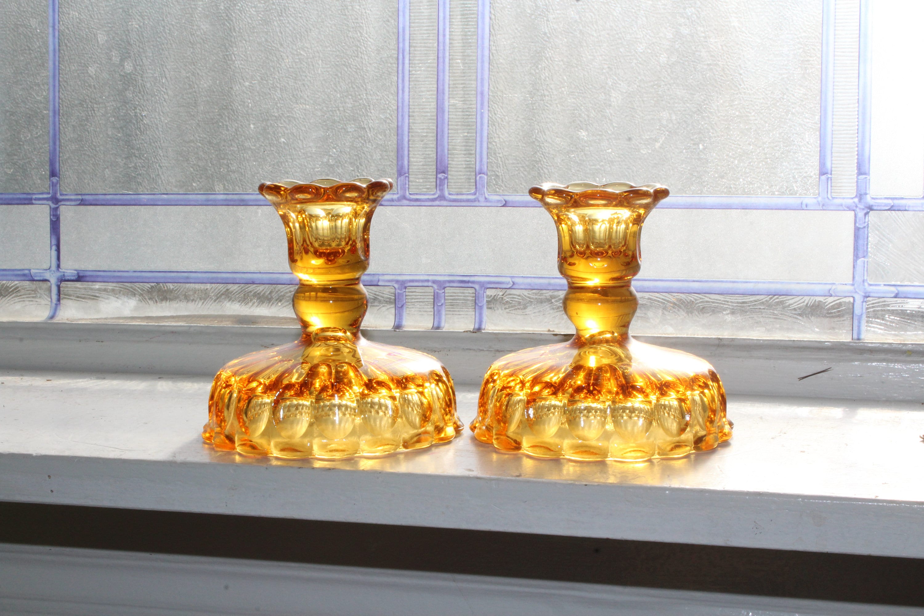 Vintage Amber Glass Candle Holder Pair