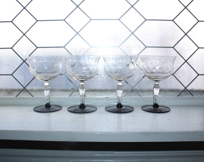 4 Art Deco Weston Champagne Glasses Clear Optic with Black Bases