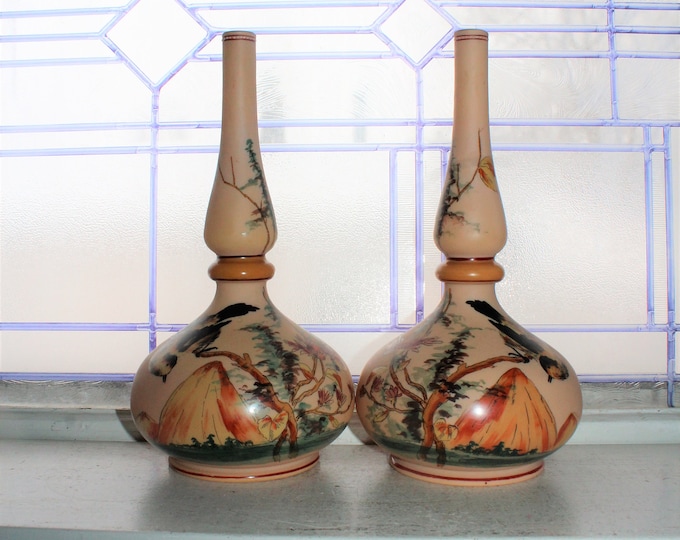 Antique Burmese Glass Vases Pair with Birds and Scenery