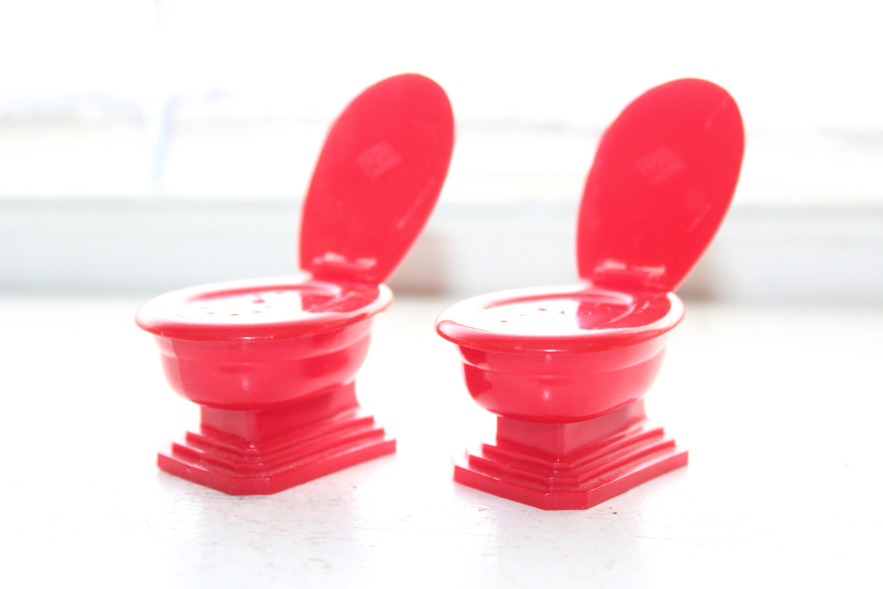 Red Plastic Toilets Salt and Pepper Shakers Vintage 1960s