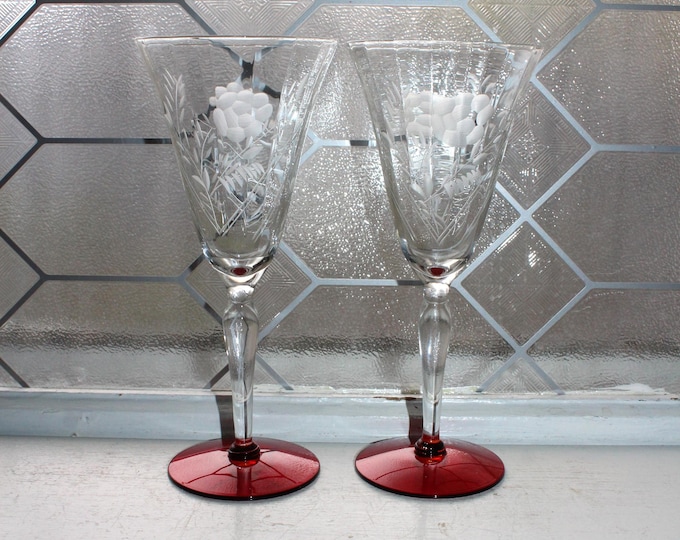 2 Vintage Art Deco Clear Etched Wine Glasses with Red Bases