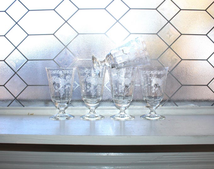 5 Fostoria Midnight Rose Etched Glass Footed Tumbler Vintage 1950s Stemware