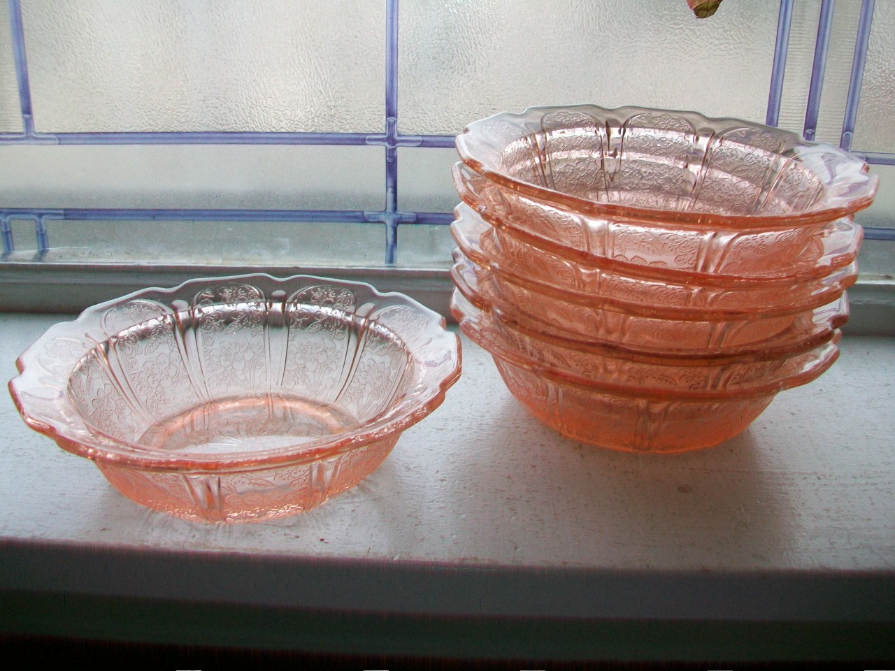 6 Pink Depression Glass Cereal Bowls Cherry Blossom Vintage 1930s