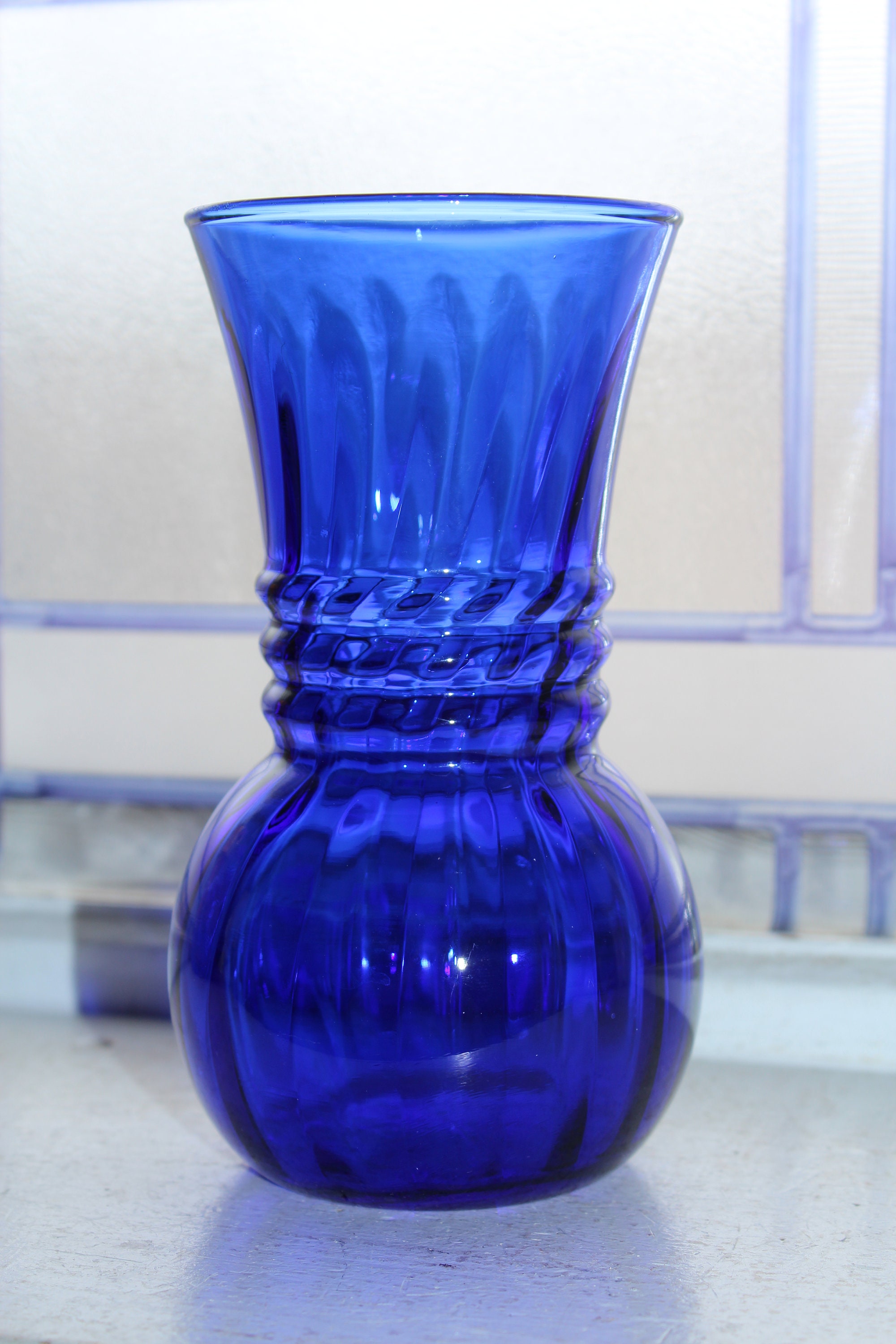 Art Deco Cobalt Blue Glass Vase with Ribs Vintage 1940s