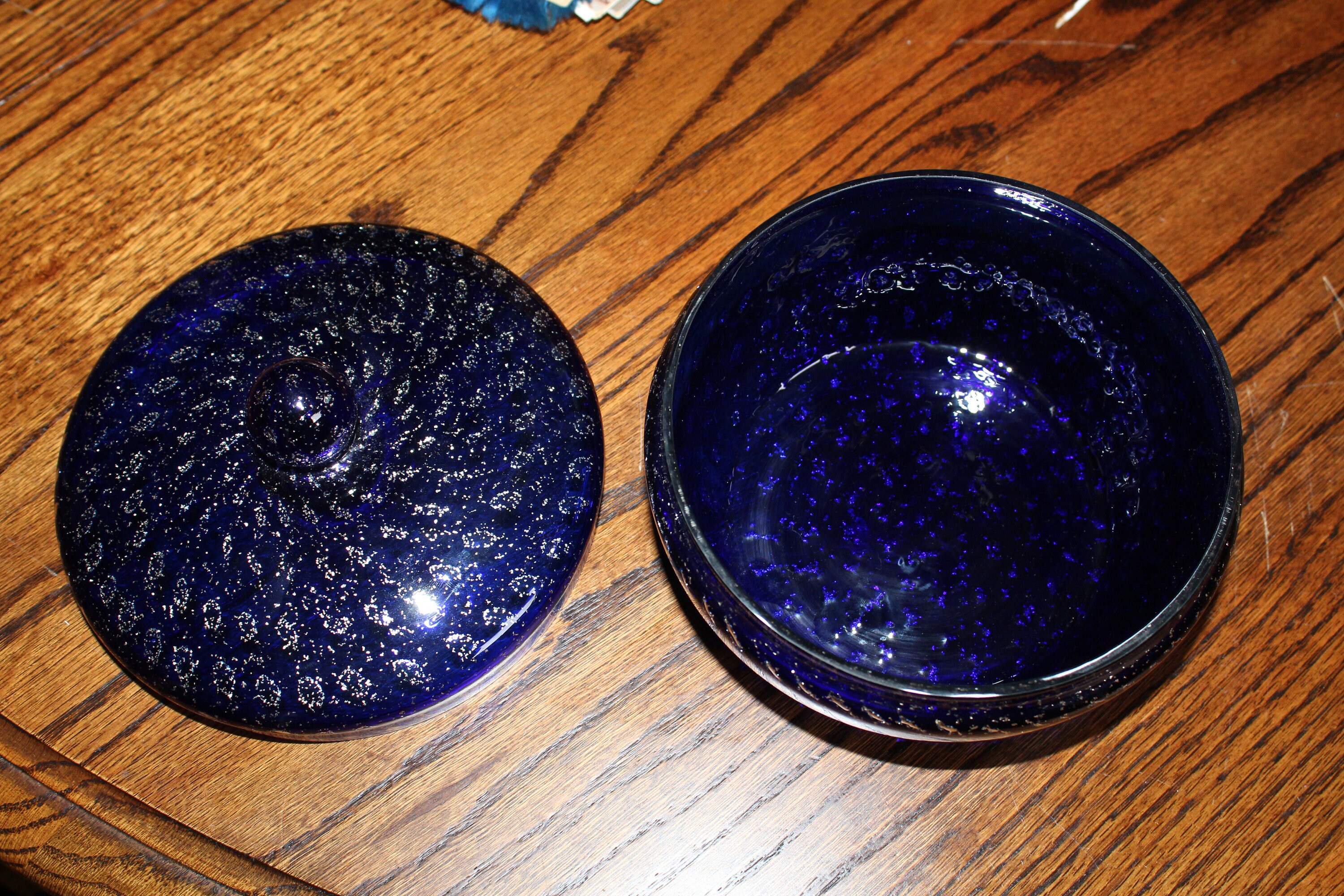 Vintage Cobalt Blue Glass Candy Dish with Lid and Metallic Flakes