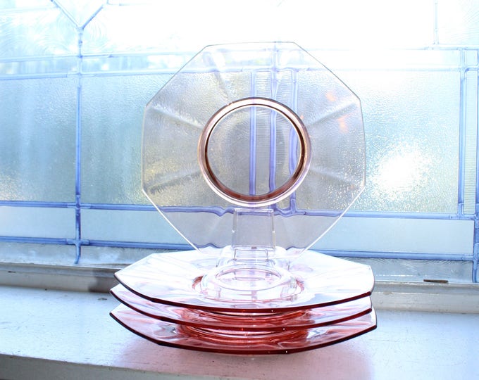 4 Pink Depression Glass Luncheon Plates Octagonal Vintage 1930s
