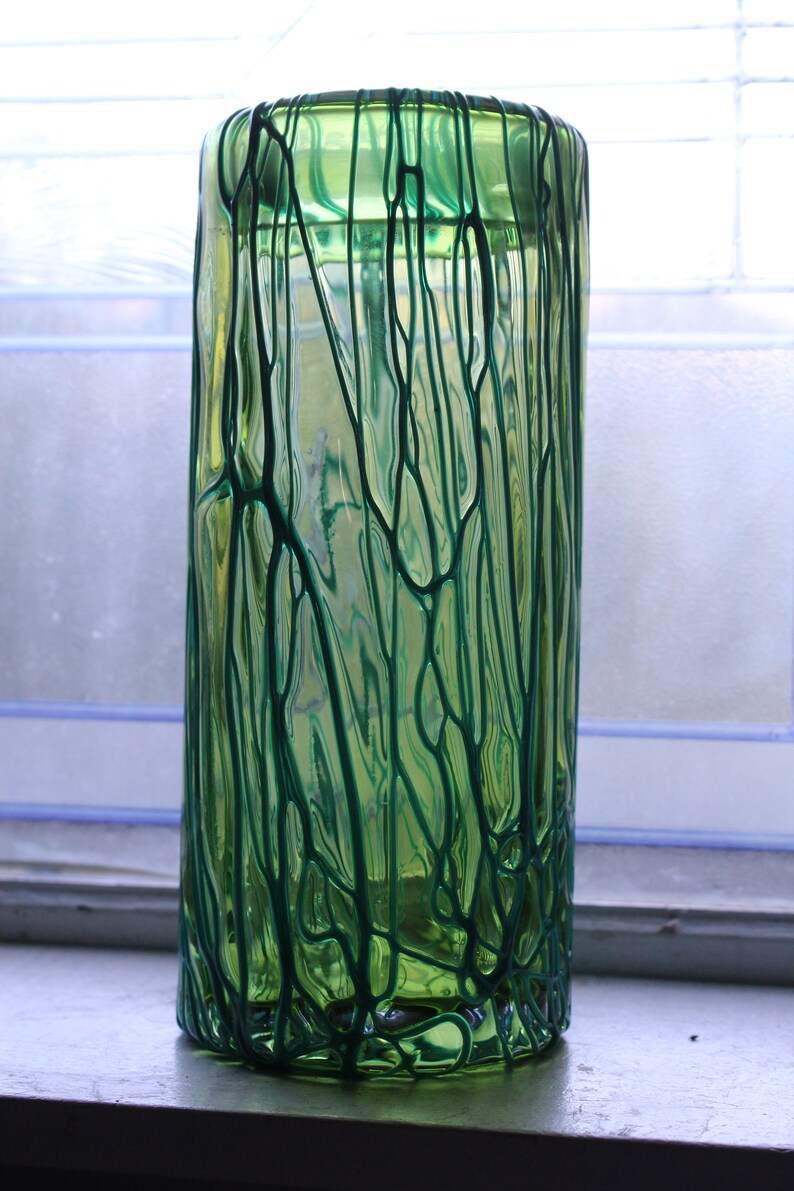 Large Studio Art Glass Cylinder Vase Seaweed Pattern With Etsy