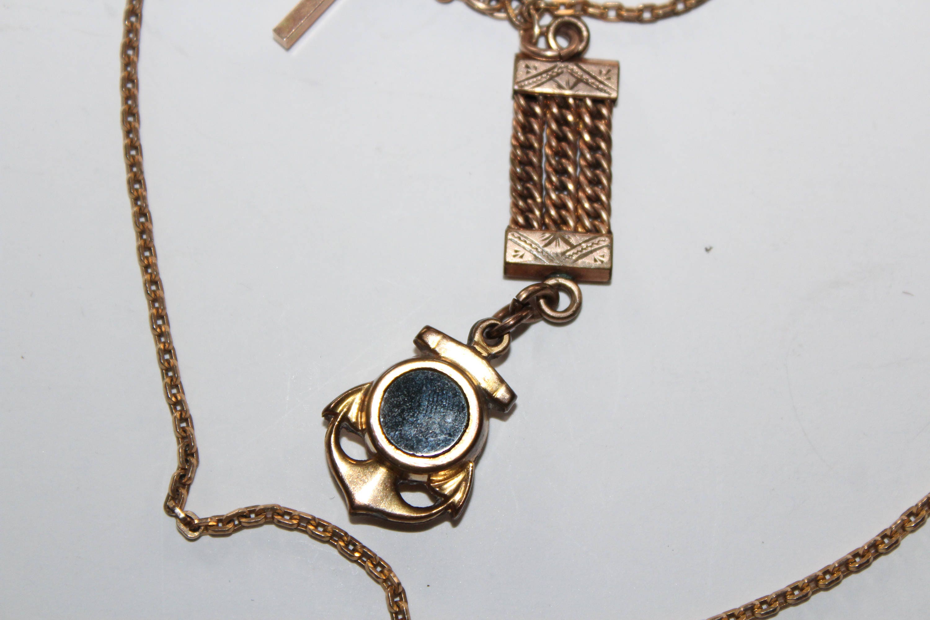 Antique Pocket Watch Chain w/ Compass & Black Stone Fob 14K Gold Plate