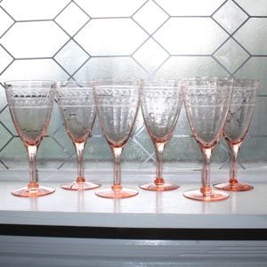 6 Pink Depression Etched Glass Wine Goblets 1930s Art Deco