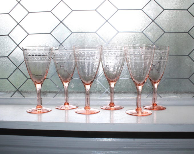 6 Pink Depression Etched Glass Wine Goblets 1930s Art Deco