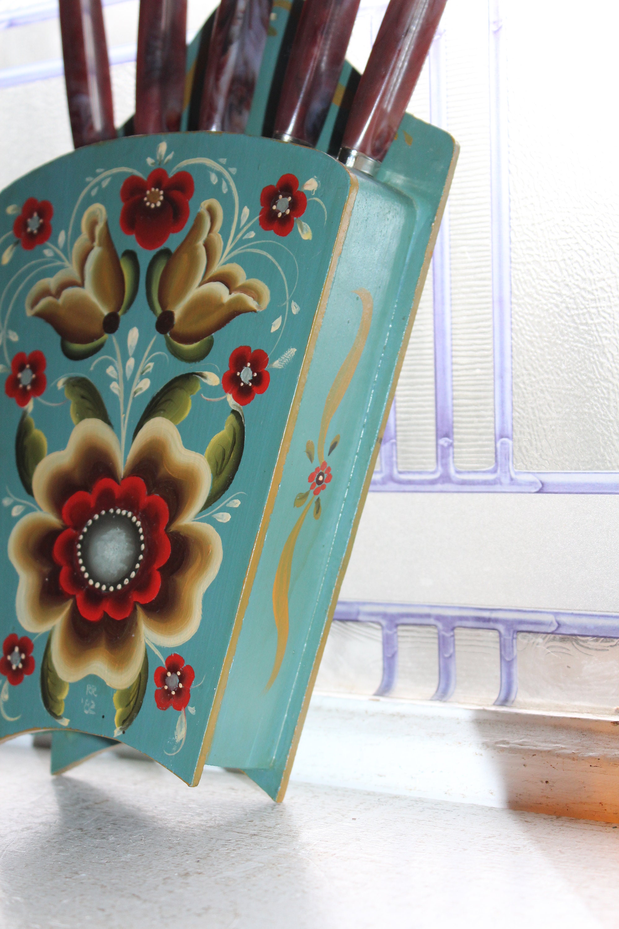 Vintage Rosemaling Wood Knife Holder Norwegian Folk Art