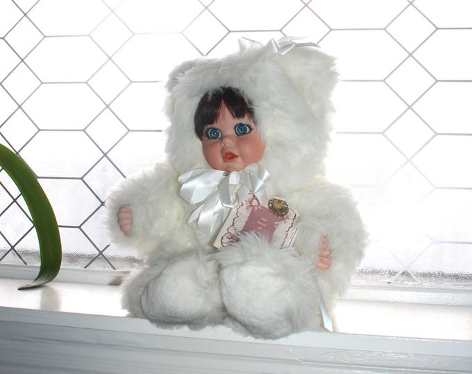 Vintage Porcelain Baby Cuddle Kins Doll White Fur 18" with Tags