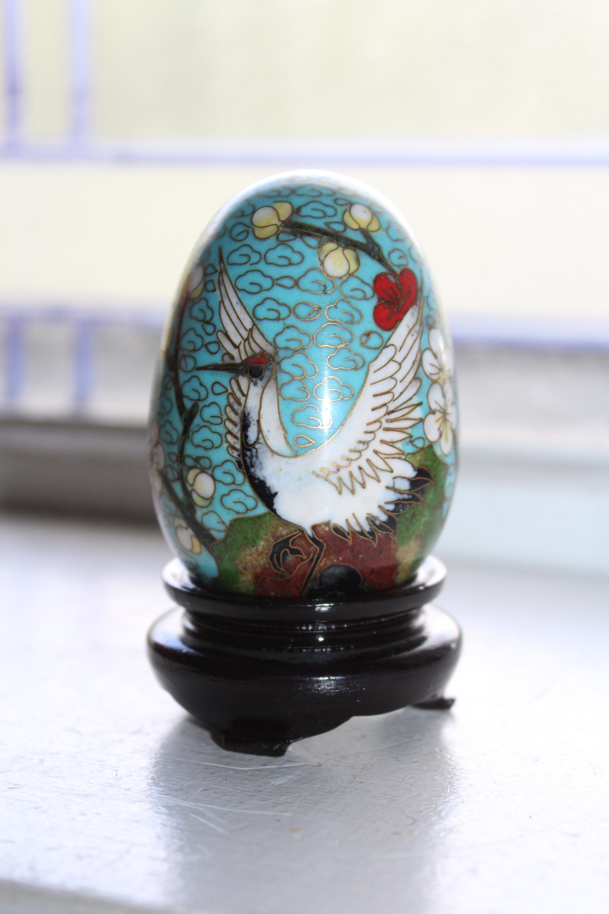 Chinese Cloisonne Egg Blue with Cherry Blossoms and Crane Bird