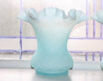 フェントン ブルー ダイヤモンド キルティング花瓶 ペア サテンガラス