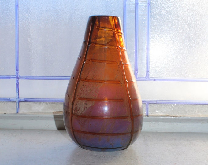 Vintage Iridescent Art Glass Vase with Applied Thread Block Pattern