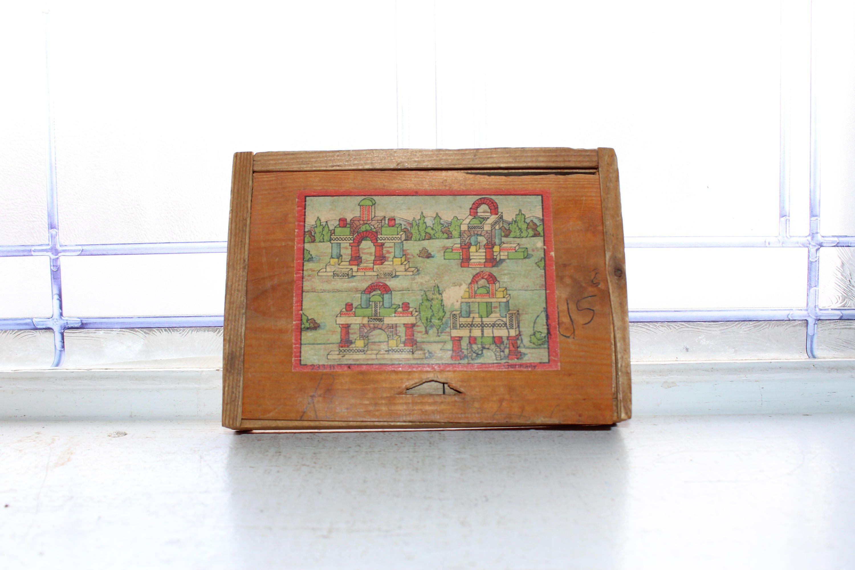 Antique Toy Wood Building Blocks In Box Made in Germany 1910s