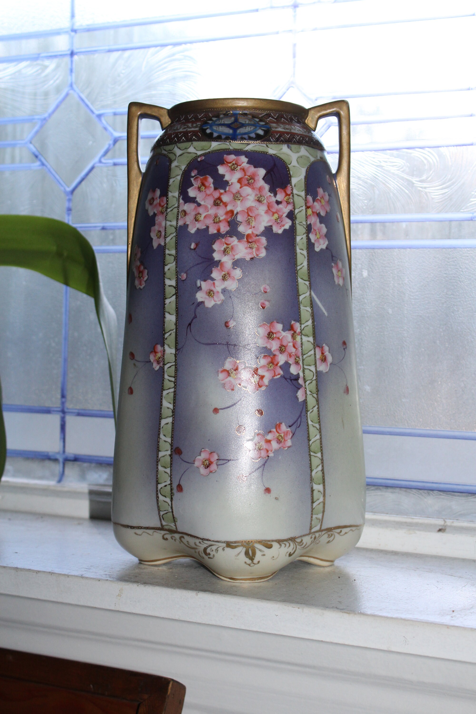 Large Antique Nippon Double Handled Vase Hand Painted Cherry Blossoms