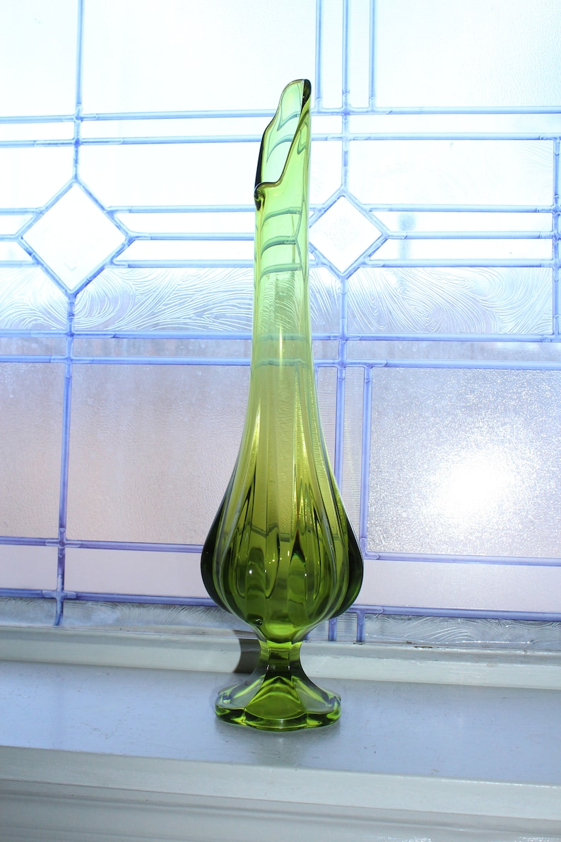 Large Green Swung Glass Vase 16 Vintage Mid Century Etsy