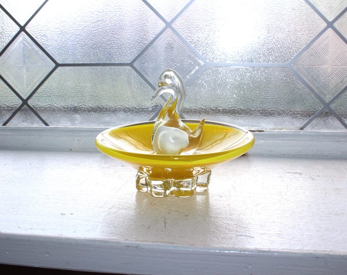 Vintage Yellow Glass Swan Ring Dish