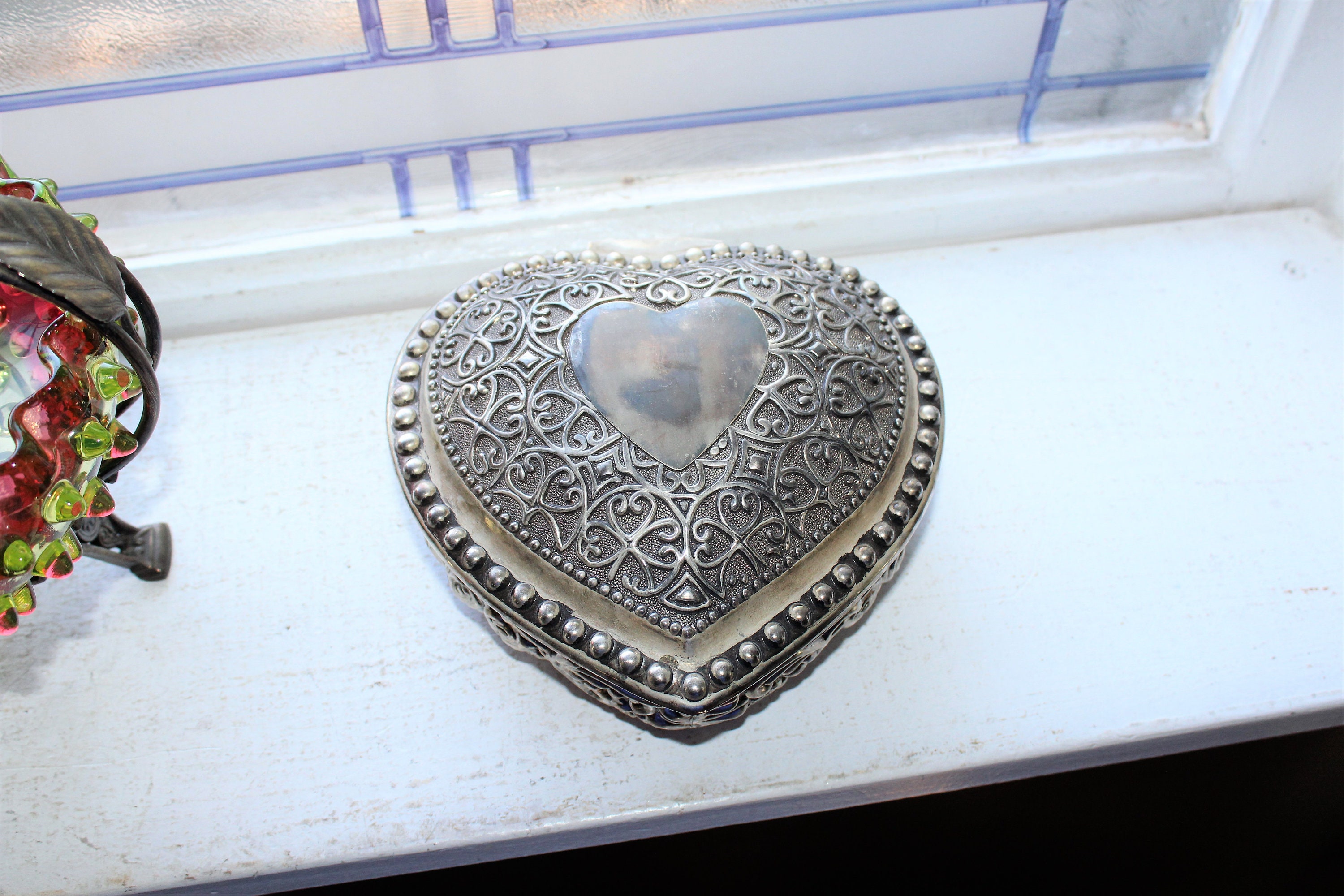 Large Vintage Heart Jewelry Box Red Velvet Lined