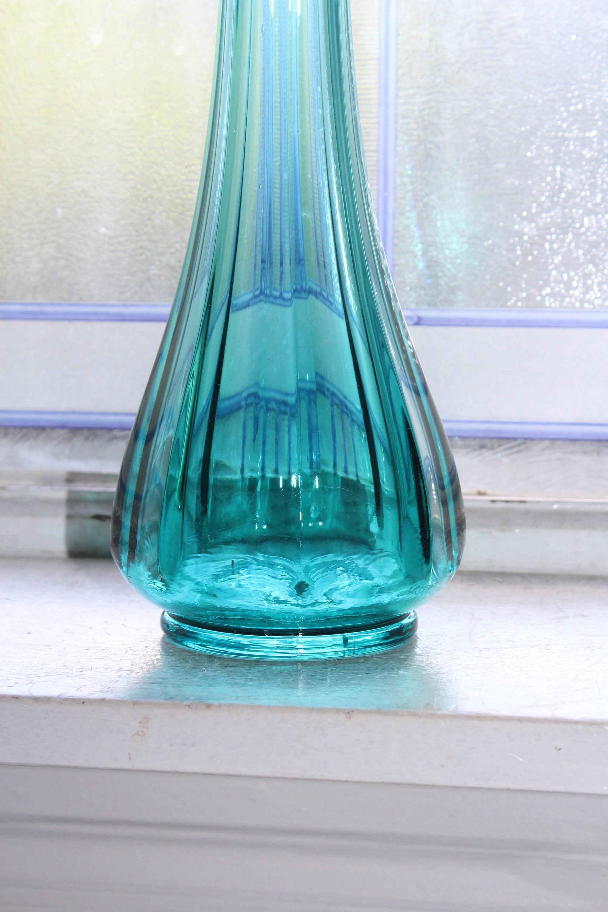 Large Blue Swung Glass Vase 13.75 Vintage Mid Century Modern