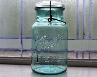 Blue Ball Jar Quart Blue Ball Ideal Mason Jar Vintage 1923 to 1933 Glass Lid Wire Closure