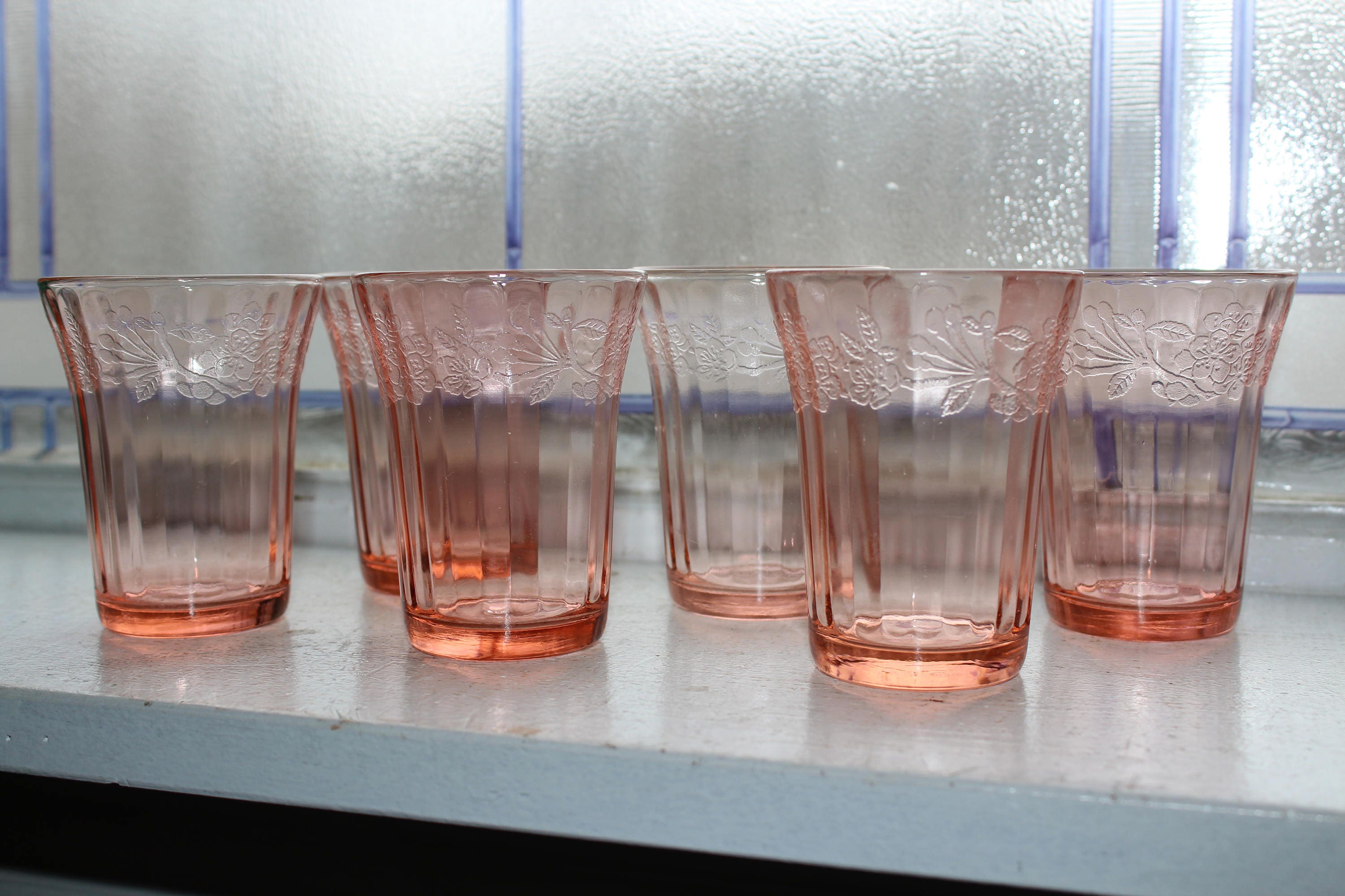 6 Pink Depression Glass Tumblers Cherry Blossom 4 Oz Vintage 1930s
