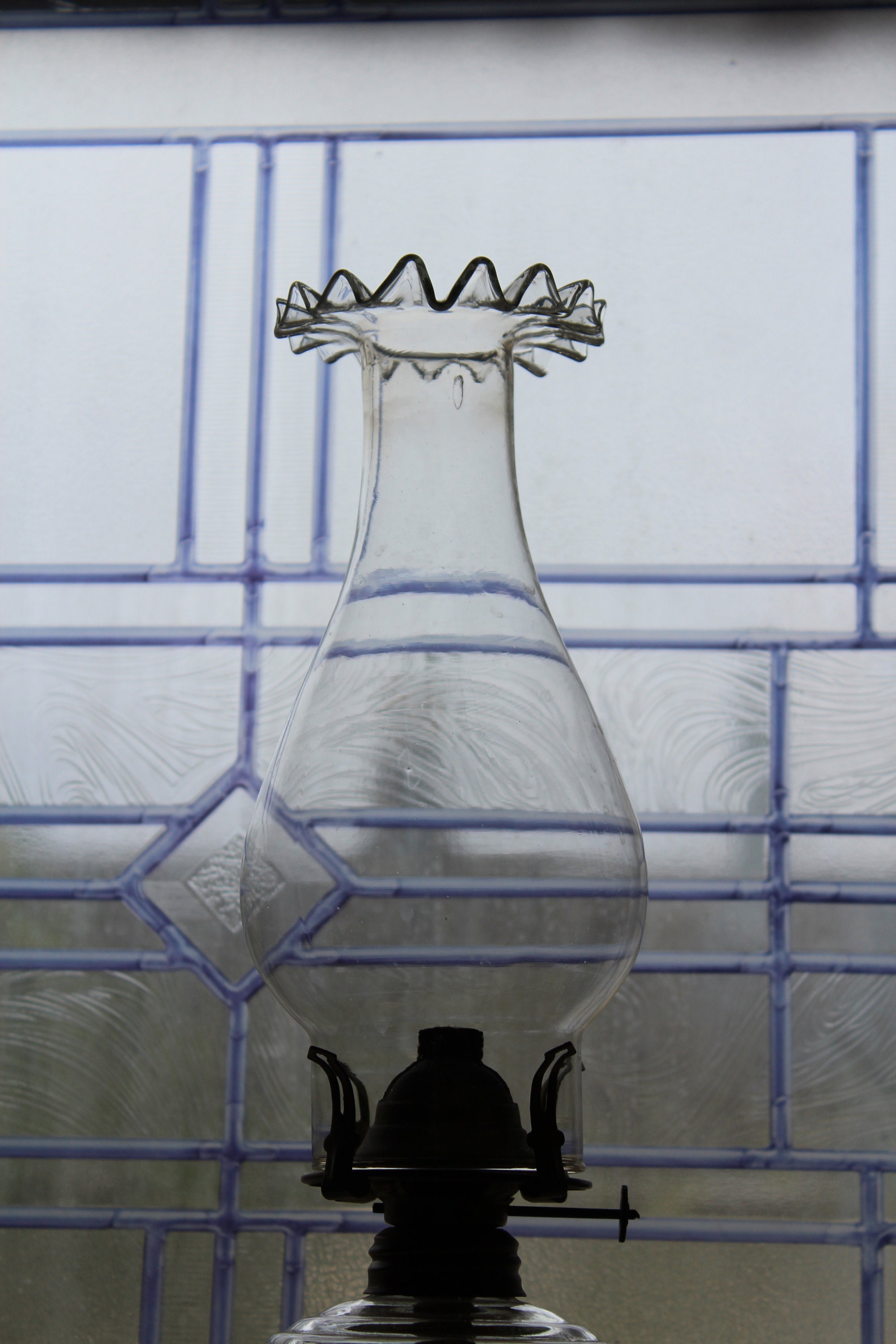 Antique Glass Oil Lamp with Ruffled Chimney