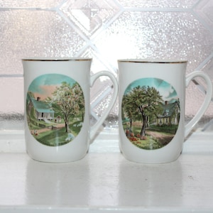 2 Vintage Currier and Ives Coffee Mugs Spring and Autumn